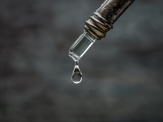 Close-up of a single drop of liquid falling from a metallic fuel nozzle.