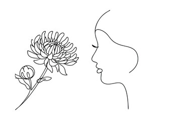 Minimalist one line drawing of a woman's face with a beautiful chrysanthemum flower