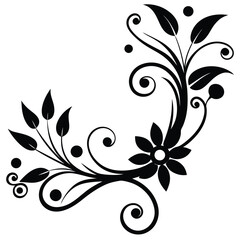 Elegant Black and White Floral Corner Design Swirls, Leaves, and Flowers