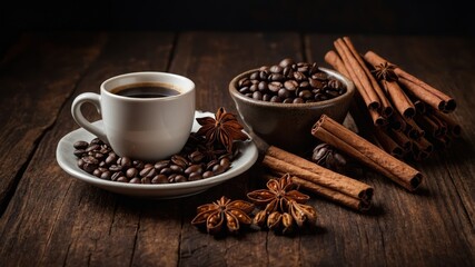 Fototapeta premium Elegant flat lay showcasing specialty coffee with spices and beans in a cozy setting