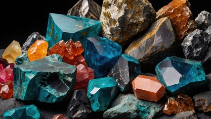 Elegant composition featuring a variety of colorful gemstones and minerals on a dark background in a natural arrangement
