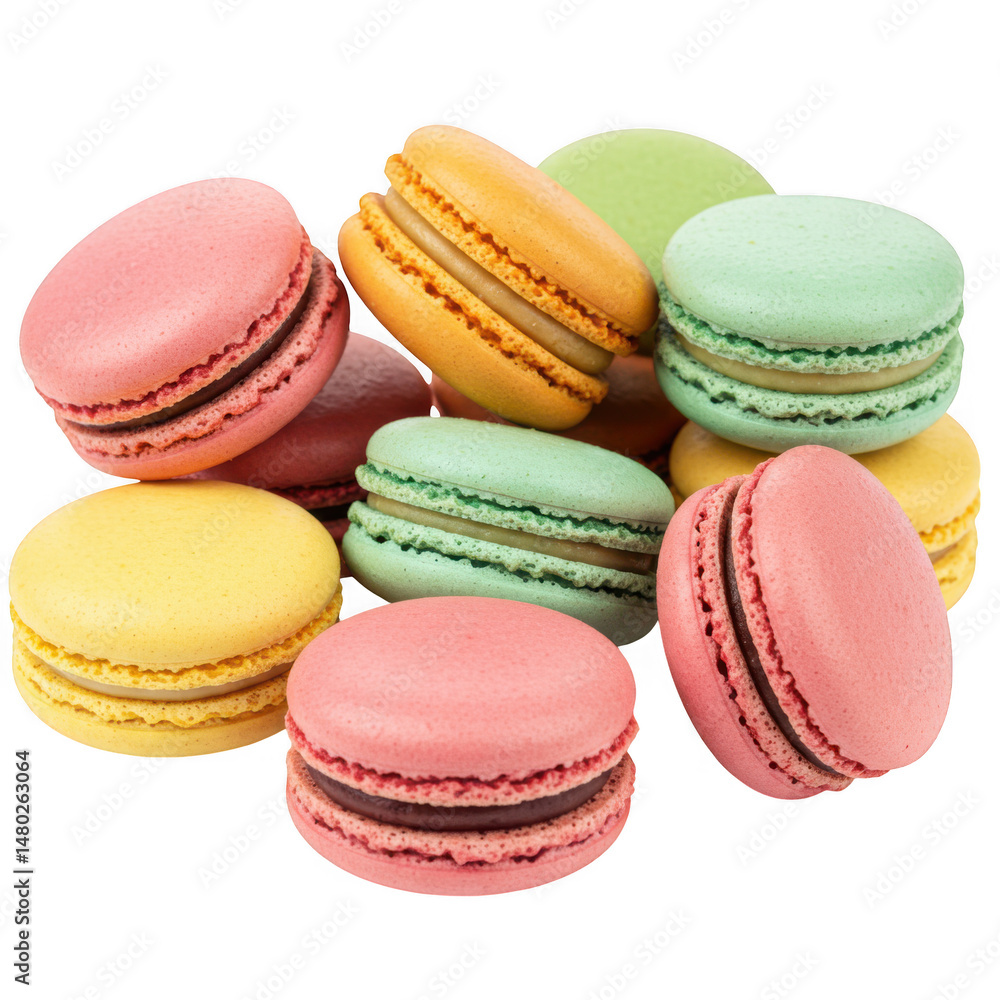 Poster pile of colorful macarons isolated on transparent background