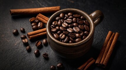 Fototapeta premium Enjoying premium coffee beans in a rustic mug with cinnamon sticks at a cozy setting in the afternoon