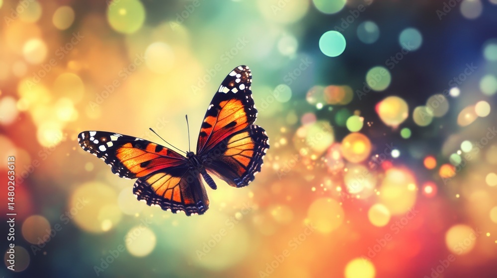 Poster a vibrant monarch butterfly in flight against a bokeh background of colorful lights.