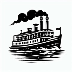 Vintage Steamboat Silhouette on the Water Blowing Smoke