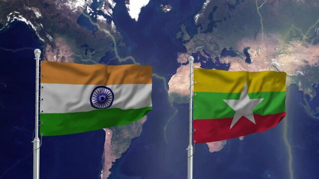 Flags of india  and  myanmar .The flags of india  and  myanmar fly side by side on the map.