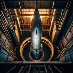 Topdown aerial view showcasing a ballistic missile within a launch facility