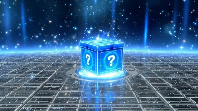 Floating ice-cube style mystery box with neon cyan light on futuristic grid floor Video 4K UHD 60fps