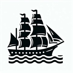 Black Silhouette of a Sailing Ship on Wavy Ocean Waves
