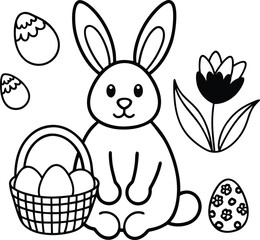 Easter Bunny with Basket and Spring Flowers Coloring Page