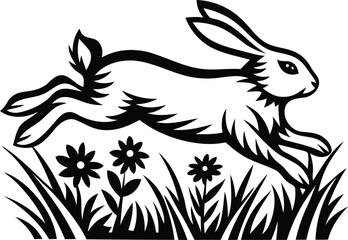 A rabbit running surrounded by tall grass and wildflowers silhouette vector art,  rabbit running surrounded by tall grass and wildflowers line art vector icon design 