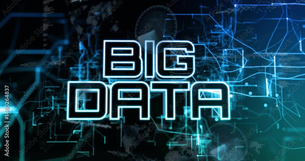 Poster glowing neon-blue big data lettering floating over digital network with nodes and circuit lines