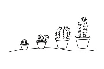 Hand drawn black and white illustration of cacti in various stages of growth
