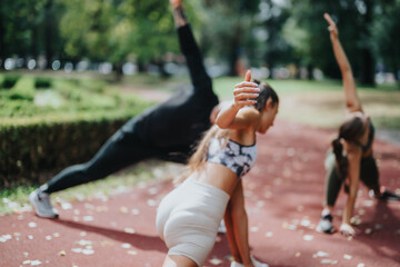 Obraz premium Friends exercising together in an outdoor park, practicing yoga poses and stretching exercises on a sunny day, promoting health, fitness, and a vibrant active lifestyle in a natural green environment.