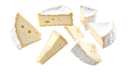 Slices of brie cheese falling down on transparent background