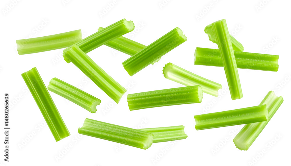 Poster multiple celery sticks falling with transparent background