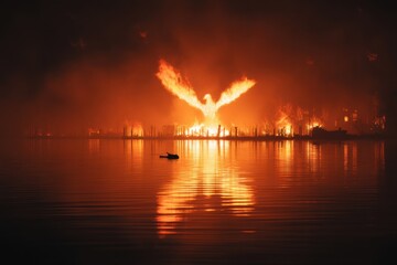 Burning phoenix rising from water at night, dramatic fire reflecting on lake surface, silhouette of boat in foreground