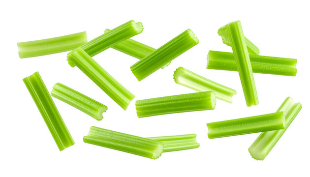 Multiple celery sticks falling with transparent background