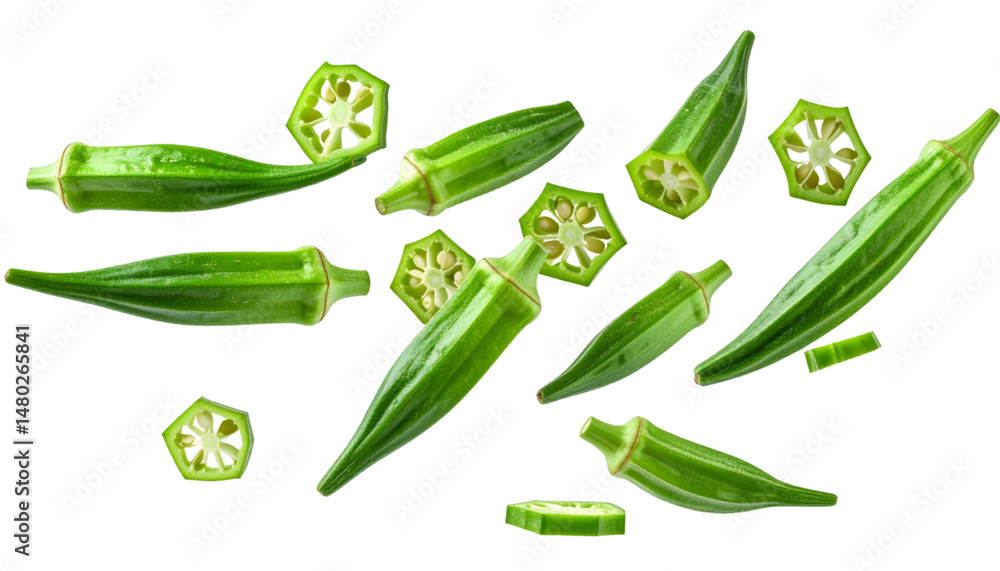 Poster multiple okra pods and slices falling against transparent background