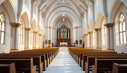 Fototapeta premium Church Interior with Pews and Altar