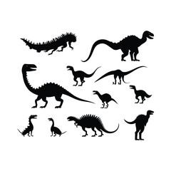Dinosaur Set Silhouette Clipart on White Background