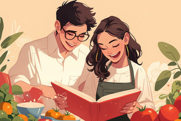 Couple reading book in cheerful kitchen, surrounded by cooking utensils, plants, and natural light filtering through window.