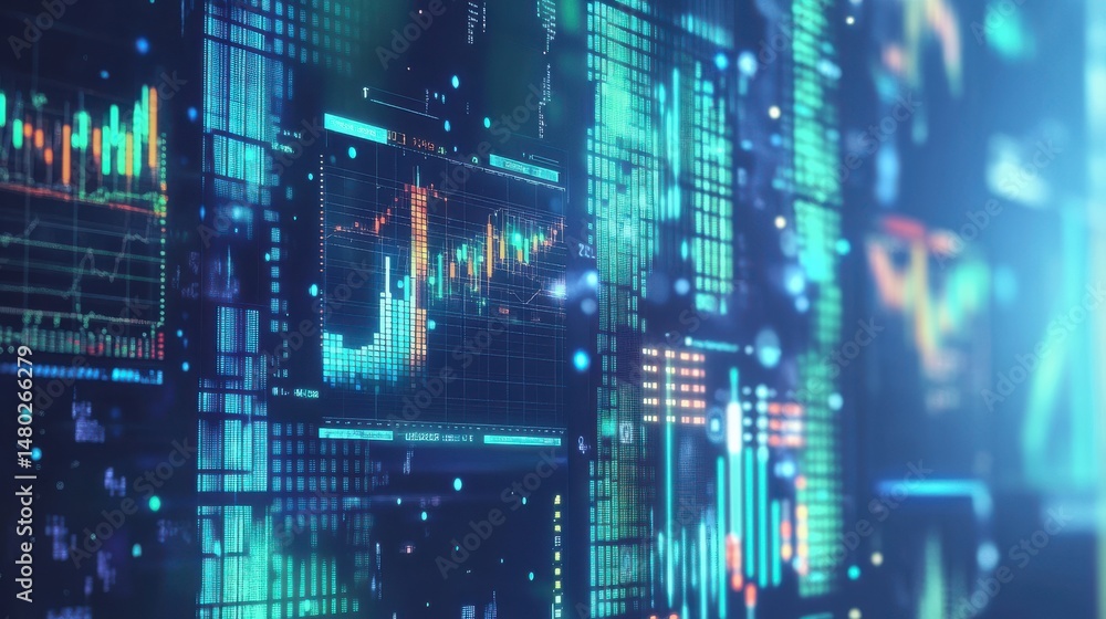 Poster digital data visualization with graphs and screens in technology