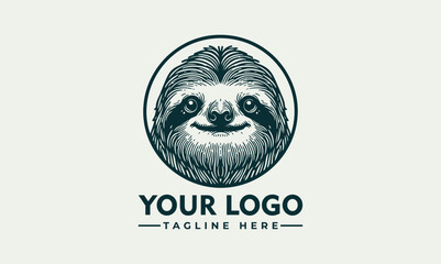 Charming Line Art Illustration of a Smiling Sloth Hanging from a Branch within a Circular Frame. Animal Illustration Concept.