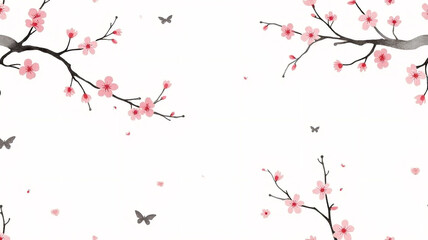 Ink Wash seamless pattern with cherry blossoms and branches in black ink