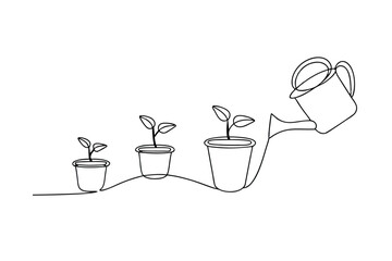 Continuous line drawing of plant growth stages in pots and watering can