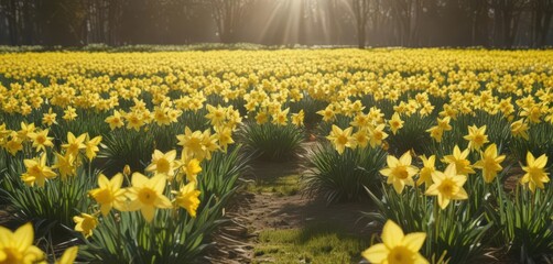 Obraz premium Vast field of cheerful daffodils bathed in sunlight, idyllic springtime scene, flowers, sunshine, background