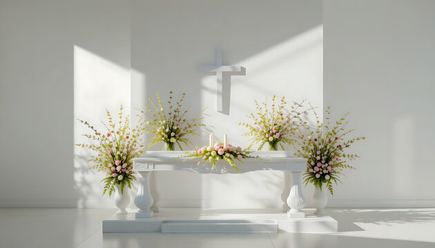 Church Altar with Floral Arrangement and Cross