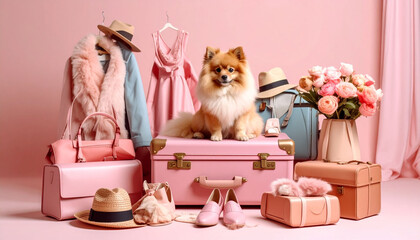 the image features a fluffy dog sitting atop a pink suitcase, surrounded by travel items and clothing against a pink backdrop