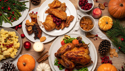 a wooden table is set for a festive gathering, adorned with an assortment of dishes and seasonal decor