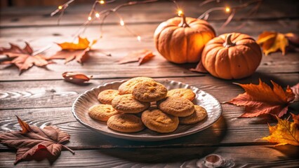 Fototapeta premium A rustic autumn scene with a plate of golden cookies, pumpkins, and fallen leaves on a wooden table.