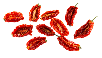 Sun dried tomatoes levitating on transparent background