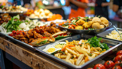 Obraz premium a buffet table showcases a variety of prepared food in metallic trays and a bowl, resting on a wooden surface