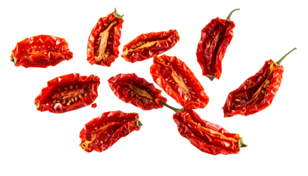 Sun dried tomatoes levitating on transparent background