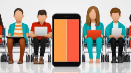 Obraz premium People seated in chairs, a smartphone centered. The smartphone display has two colored blocks