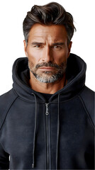 Serious Man with Dark Hoodie, and Studio Portrait.