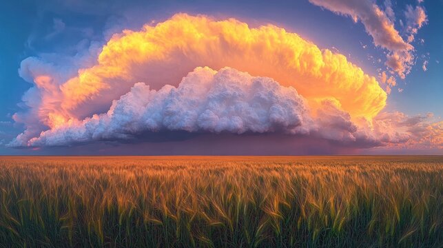 Dramatic sunset over a golden wheat field with a massive thunderstorm cloud - Powered by Adobe