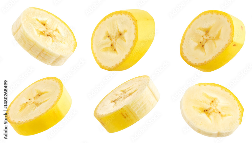 Aufkleber multiple banana slices falling down with realistic texture and natural lighting on transparent backg