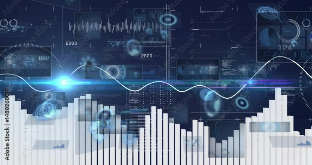Poster bar chart columns being visualized in holographic interface, showing charts, nodes, world map