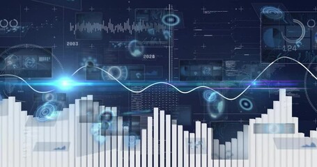 Bar chart columns being visualized in holographic interface, showing charts, nodes, world map - Powered by Adobe