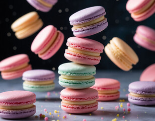 Obraz premium Pastel macarons in the air. AI generated.