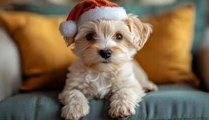 Dog wearing a Christmas hat on blue pillow