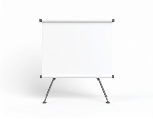 an easel with a blank white presentation screen is centered on a white surface. the screen is rolled and supported by a tripod stand with rubber feet. the screen is taut and ready for use