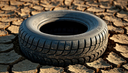 Naklejka premium Hyperrealistic Discarded Tire on Cracked Earth