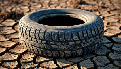 Naklejka premium Hyperrealistic Discarded Tire on Cracked Earth