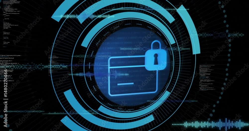 Poster glowing padlocked folder icon hovering, showing rotating 3d hud rings and flowing binary code